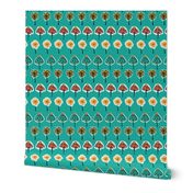 Doodle flowers orange, yellow, teal, blue, black in a horizontal row on a teal turquoise background.