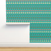 Doodle flowers orange, yellow, teal, blue, black in a horizontal row on a teal turquoise background.