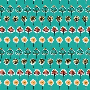 Doodle flowers orange, yellow, teal, blue, black in a horizontal row on a teal turquoise background.