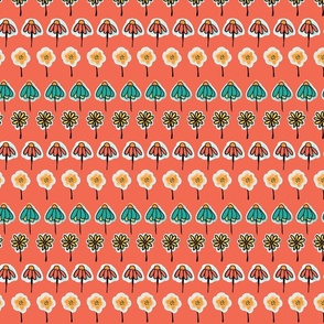 Doodle flowers orange, yellow, teal, blue, black in a horizontal row on a coral background