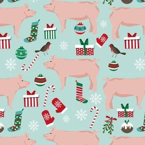 Pig christmas fabric stockings candy canes presents blue