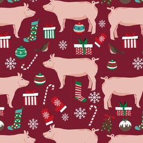 Pig christmas fabric stockings candy canes presents ruby