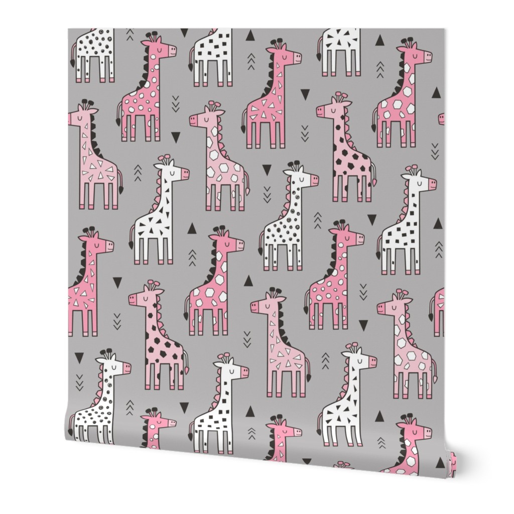 Giraffe Geometric and Triangles in Black&White Pink on Grey