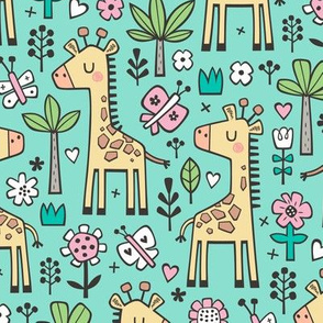 Giraffe Flowers,Butterfly & Trees on Green Mint