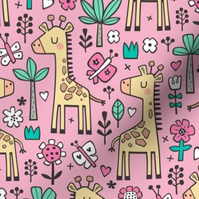 Giraffe Flowers,Butterfly & Trees on Pink