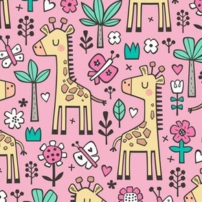 Giraffe Flowers,Butterfly & Trees on Pink