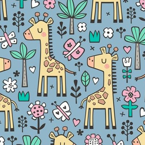 Giraffe Flowers,Butterfly & Trees on Blue Denim