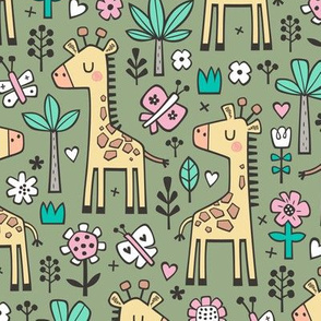 Giraffe Flowers,Butterfly & Trees on Green Olive