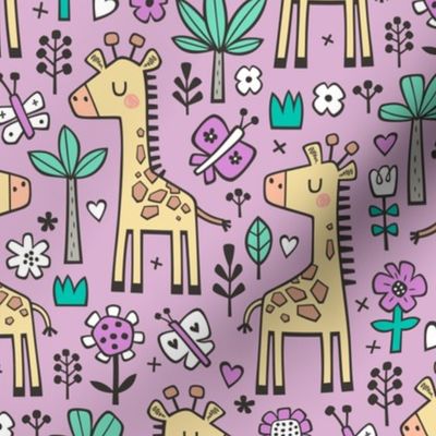 Giraffe Flowers,Butterfly & Trees on Lavender Purple