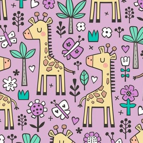 Giraffe Flowers,Butterfly & Trees on Lavender Purple