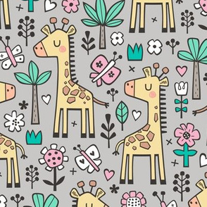 Giraffe Flowers,Butterfly & Trees on Light Grey