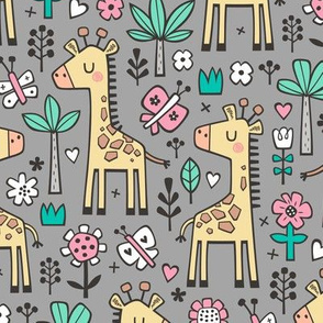 Giraffe Flowers,Butterfly & Trees on Grey