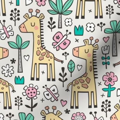 Giraffe Flowers,Butterfly & Trees on Cloud Grey