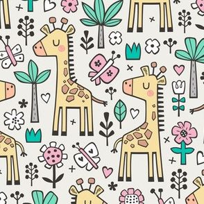 Giraffe Flowers,Butterfly & Trees on Cloud Grey