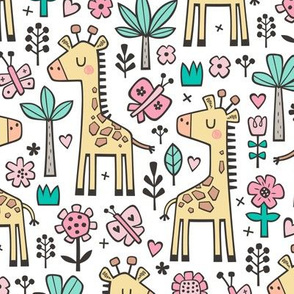 Giraffe Flowers,Butterfly & Trees on White