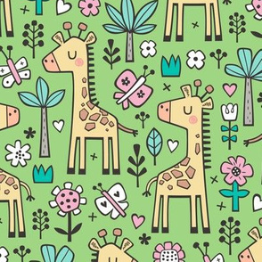 Giraffe Flowers,Butterfly & Trees on Green