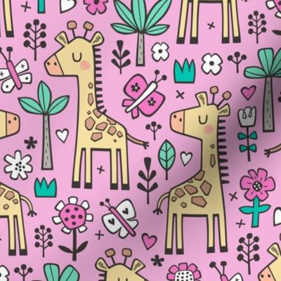 Giraffe Flowers,Butterfly & Trees on Magenta Pink