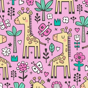 Giraffe Flowers,Butterfly & Trees on Magenta Pink