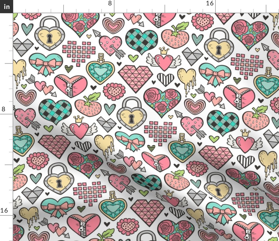 Hearts Doodle Valentine Love Peach Mint Green