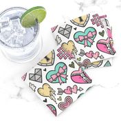 Hearts Doodle Valentine Love Light Pink & Mint Green on White