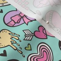 Hearts Doodle Valentine Love Purple Lilac Pink on Mint Green