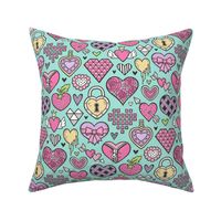 Hearts Doodle Valentine Love Purple Lilac Pink on Mint Green