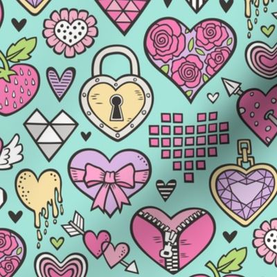 Hearts Doodle Valentine Love Purple Lilac Pink on Mint Green