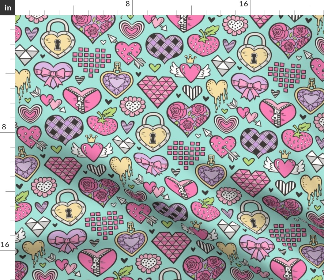 Hearts Doodle Valentine Love Purple Lilac Pink on Mint Green