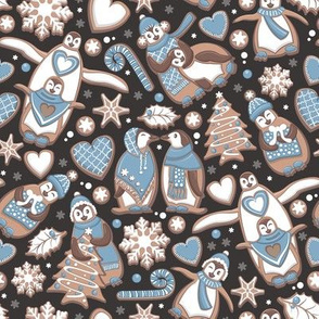 Penguin Christmas gingerbread biscuits II // small scale // brown background white & blue biscuits