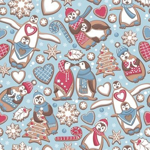 Penguin Christmas gingerbread biscuits IV // small scale // blue background white red & blue biscuits