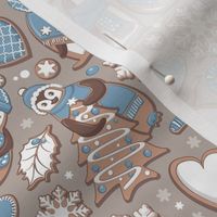 Penguin Christmas gingerbread biscuits V // small scale // brown silk background white & blue biscuits