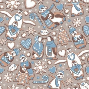 Penguin Christmas gingerbread biscuits V // small scale // brown silk background white & blue biscuits