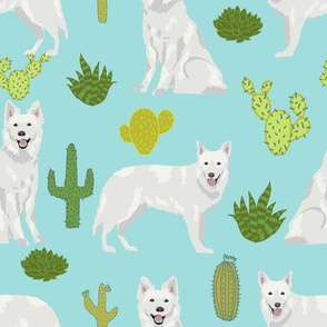 white shepherd cactus (larger size) desert southwest dog breed fabric light blue 