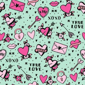 retro tattoos // hearts tattoos stickers love valentines day mint pink