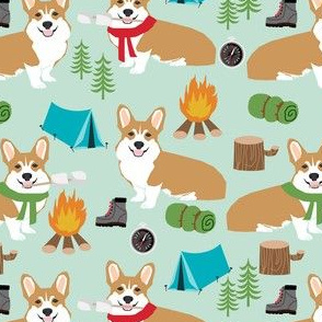 corgi camping campfire marshmallow roasting dog breed fabric mint