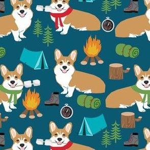 corgi camping campfire marshmallow roasting dog breed fabric navy