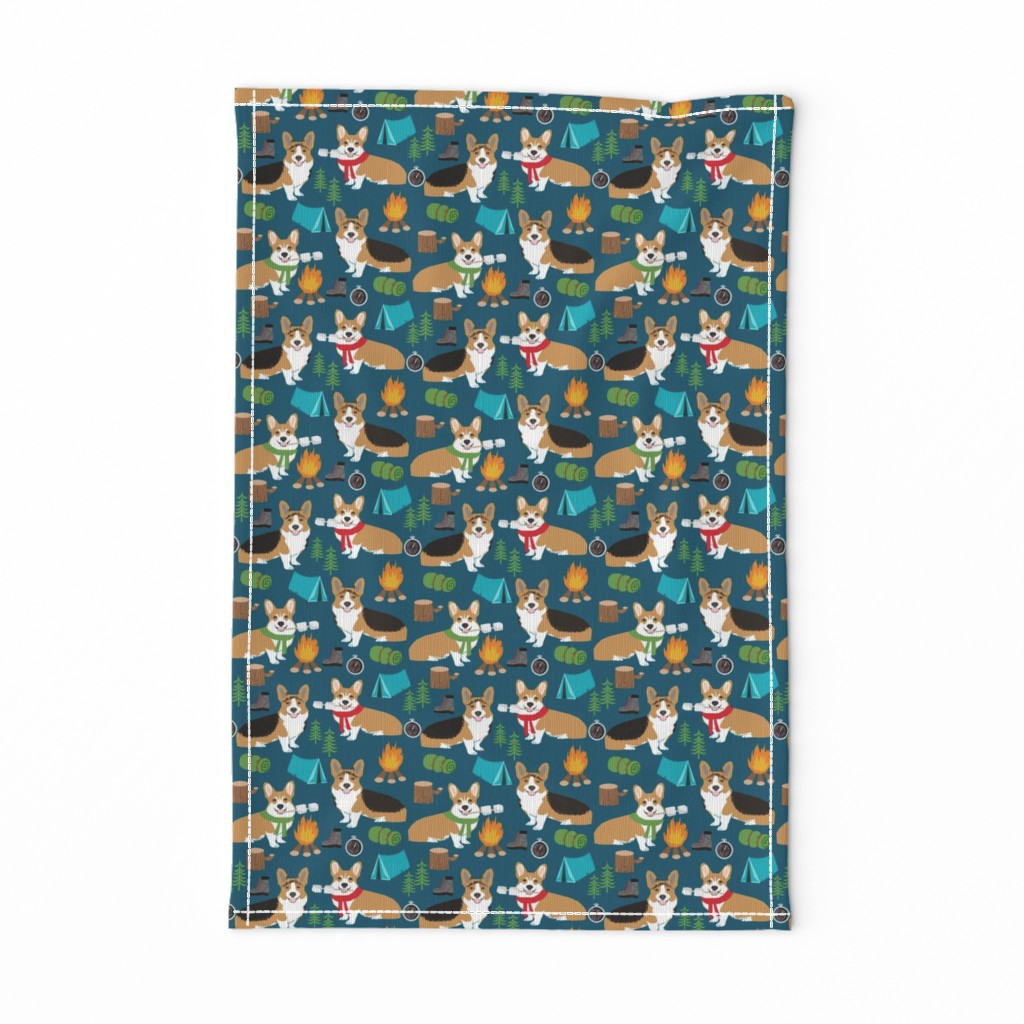 corgi camping with aspen campfire marshmallow roasting dog breed fabric navy