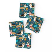 corgi camping with aspen campfire marshmallow roasting dog breed fabric navy