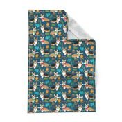 corgi camping with aspen campfire marshmallow roasting dog breed fabric navy