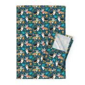 corgi camping with aspen campfire marshmallow roasting dog breed fabric navy