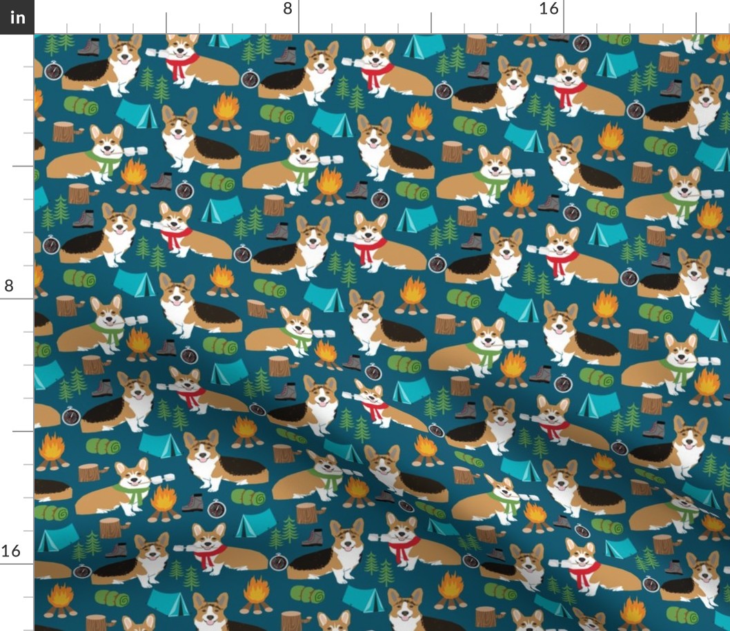 corgi camping with aspen campfire marshmallow roasting dog breed fabric navy