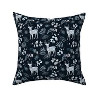 Cute deer and birds. Dark blue