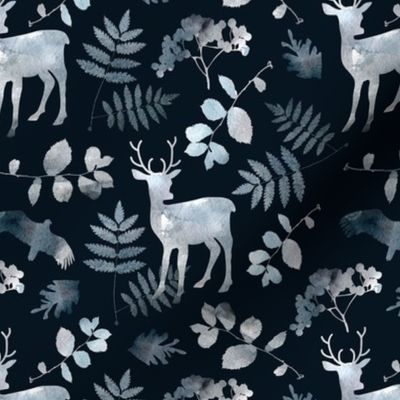 Cute deer and birds. Dark blue