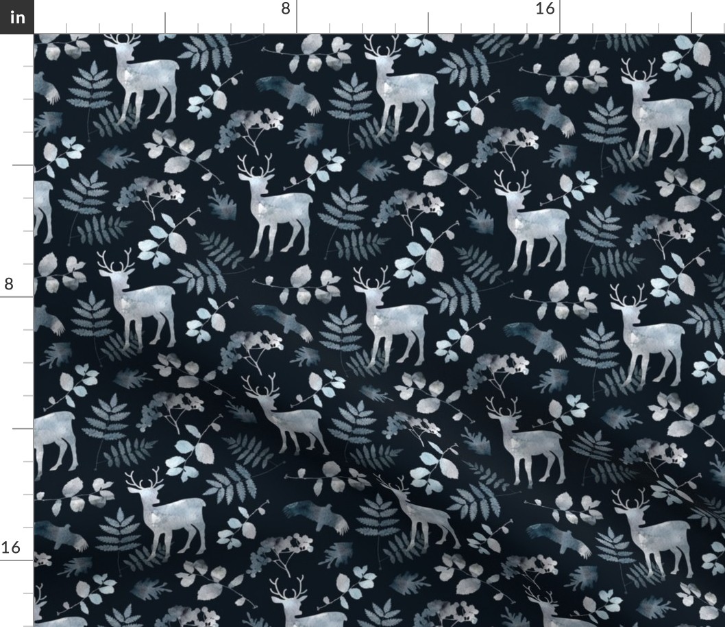 Cute deer and birds. Dark blue