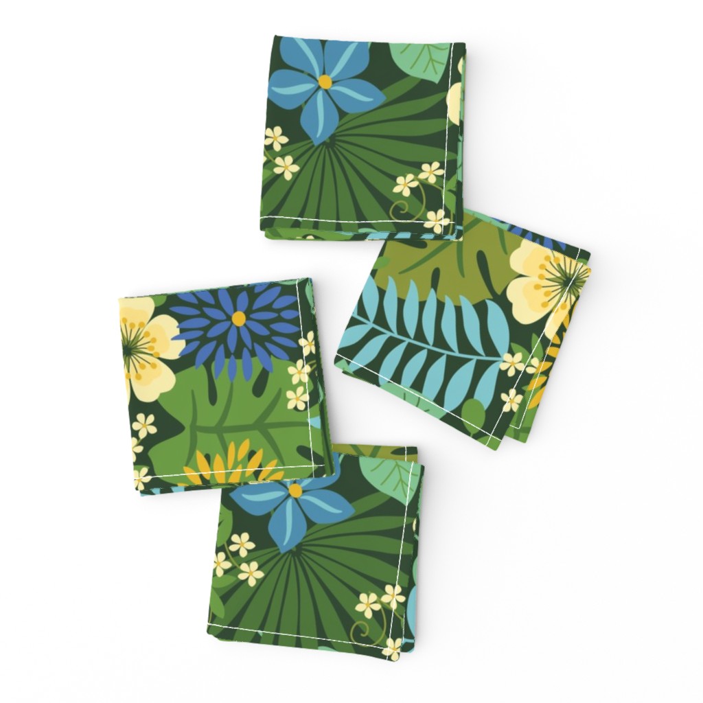 Tropical Yellow and Blue Flowers Dark Green