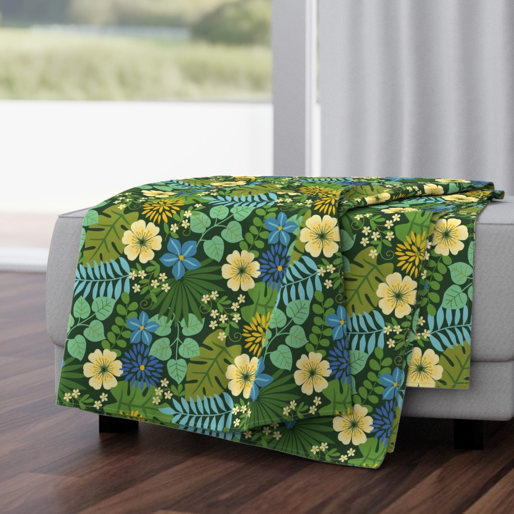 Tropical Yellow and Blue Flowers Dark Green