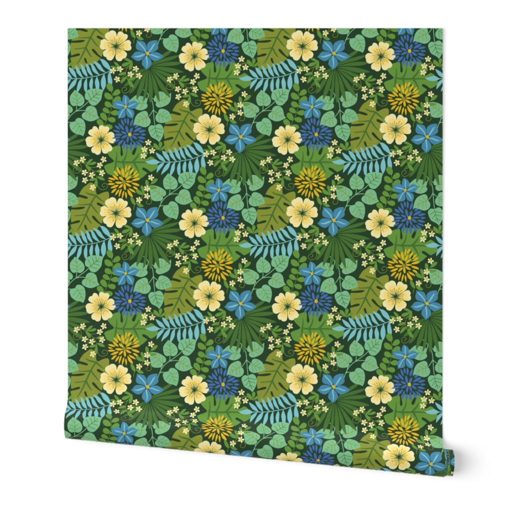 Tropical Yellow and Blue Flowers Dark Green