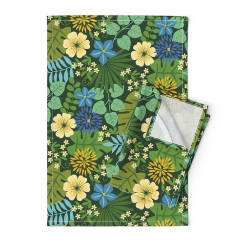 Tropical Yellow and Blue Flowers Dark Green