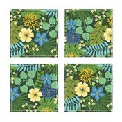 Tropical Yellow and Blue Flowers Dark Green