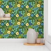 Tropical Yellow and Blue Flowers Dark Green